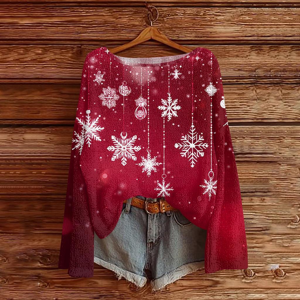 Women's Round Neck Lightweight Sweater Casual Long Sleeve Christmas Print Knit Pullover.