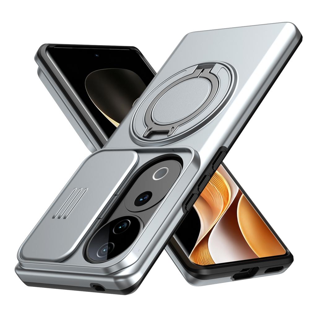 Sliding Camera Lens Cover Armor Phone Case For VIVO V40 V2348 V40Pro V2347 V50 5G V2427 Metal Ring Stand Holder Shockproof Shell