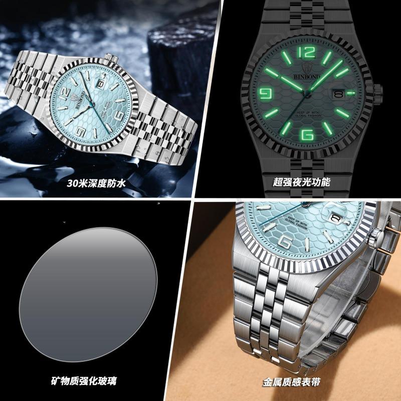 Orologio da uomo Binbang impermeabile luminoso con cinturino in acciaio, quadrante moda, orologio al quarzo