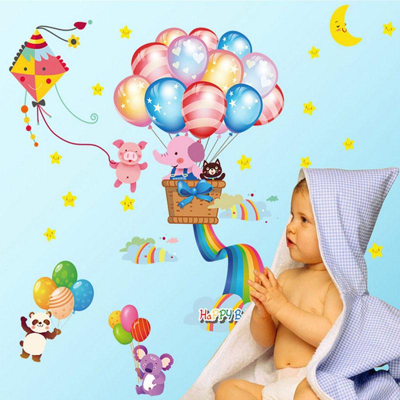 Happy Elephant Balloon Wall Stickers for Kids Room, Kindergarten PVC Removable Home Decor