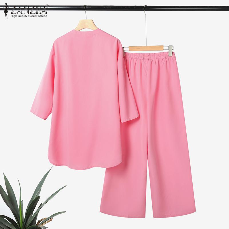 ZANZEA Women 3/4 Sleeve Long Blouse and Pants Casual Two Piece Suit Sets