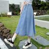 Denim Midi Skirt High Waist Button Zipper Fly A-Line Hem Skirt Solid Color Blue Skirt Office Lady Denim Skirt Daily Wear