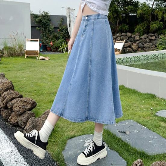 Denim Midi Skirt High Waist Button Zipper Fly A-Line Hem Skirt Solid Color Blue Skirt Office Lady Denim Skirt Daily Wear