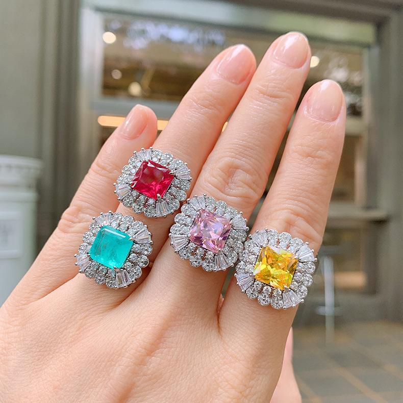 Cross Border Paraiba Electroplating Simulation Simple Zircon Ring Women Square Blue Socialite Opening
