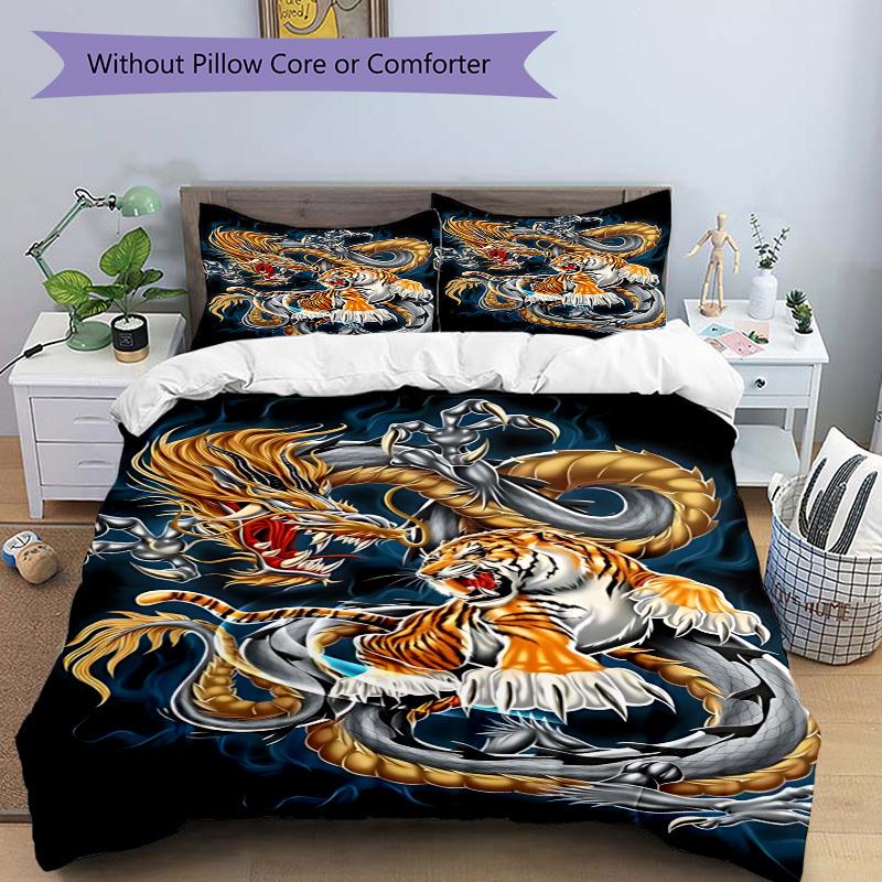 3pcs Dragon Tiger Design Duvet Cover Set -Includes 1 Duvet Cover and 2 Pillowcases, No Quilt Core, All-Season Home Decor  yy251111194
