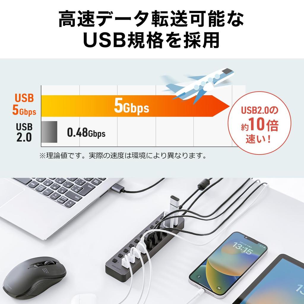 Sanwa Direct USB Hub with Individual USB and AC Adapter 10-Port Self-Powered Switches, 3.2/5Gbps, (400-HUBA23GM)