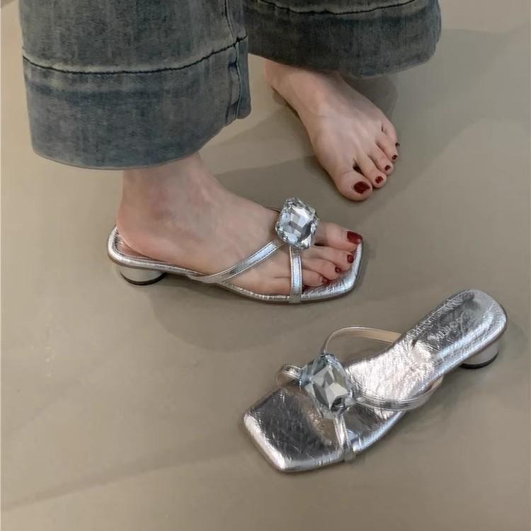 Fairy style women's shoes French rhinestone sandals women's shoes spring and summer wear silver thick heels cool slippers high heels