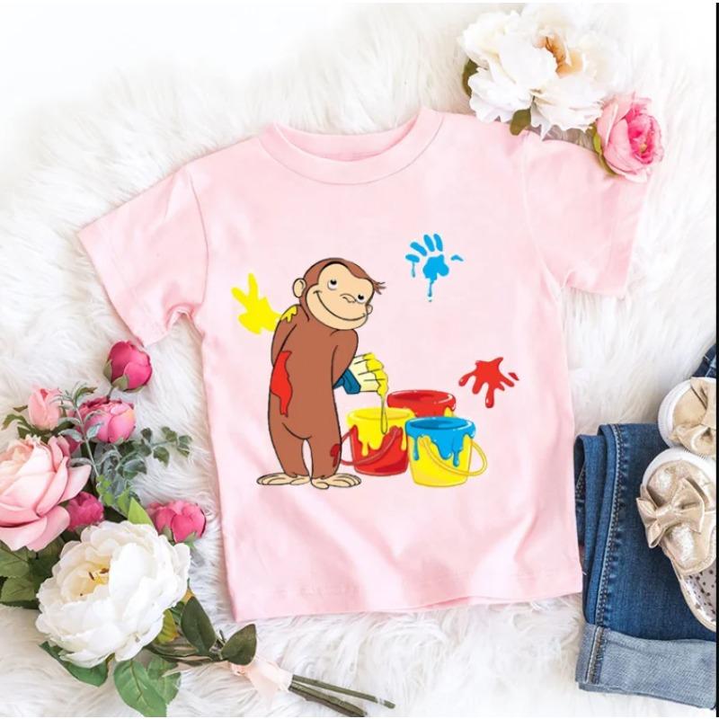 

Girls New T-Shirt, Curious Cartoon Monkey Print, Children s Clothing, Summer Top, Pink Short-Sleeve Top 100