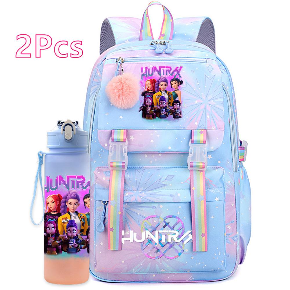 2Pcs/set Cute K-Pop Demon Hunters Printed Backpack with 750Ml Water Bottler for Teenager Student Girl Boy Large Capacity Waterproof Bookbag Travel Bag