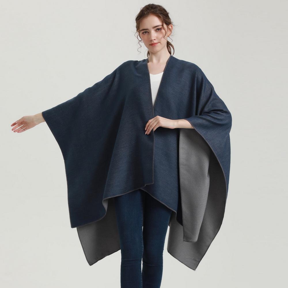 Reversible Cashmere-Feel Women's Poncho Shawl for Spring and Autumn