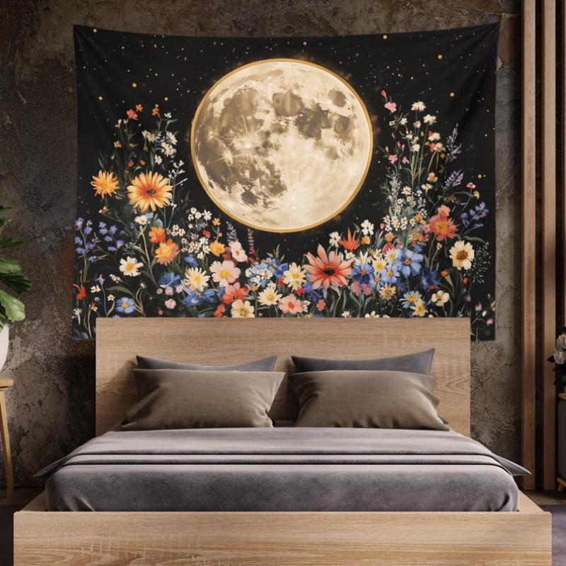1 vibrant floral and moon tapestry - soft velvet polyester wall hanging, celestial theme, easy to hang, perfect for home decor
