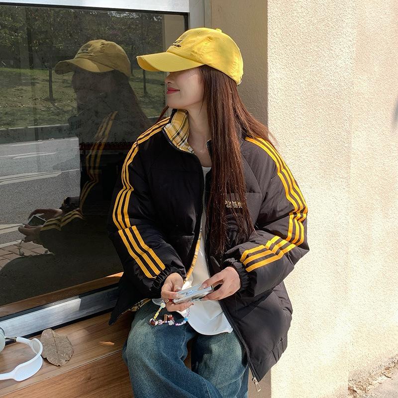 

Winter new cotton-padded clothes stand-up collar versatile fashion thin warm splicing striped cotton jacket S