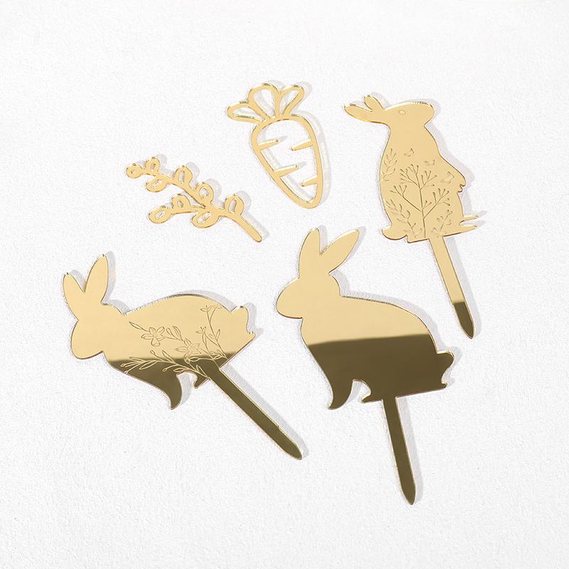 

5Pcs Easter Cute Bunny Cake Decoration Gold Acrylic Rabbit Carrot Cupcake Topper Happy Easter Party Dessert Decoration Kids Gift