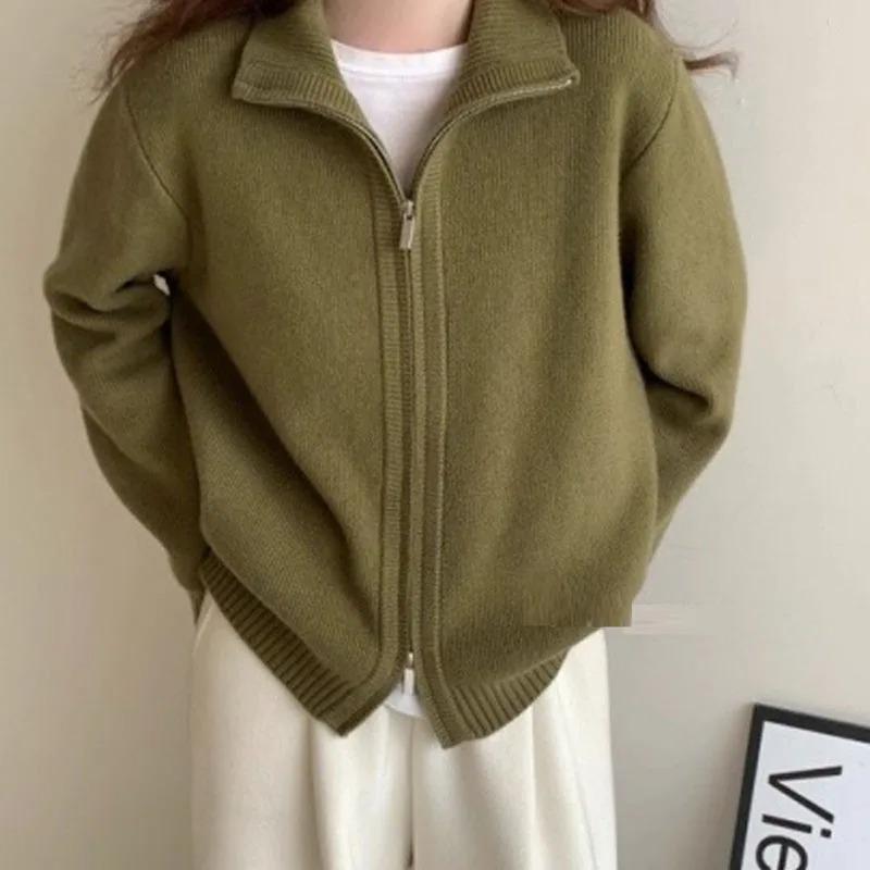 Modischer Strickmantel mit Stehkragen und Doppelreißverschluss für Damen, einfarbig, lässiger Strickcardigan im koreanischen Stil, Herbst Winter Pullover