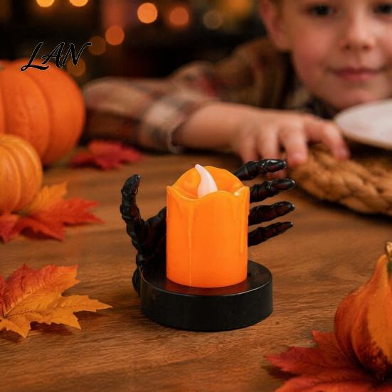 Halloween Party Prop Candle Light, LED Skeleton Hand Decoration with Flickering Decorative Horror Flame, Spooky Tabletop Decor for Haunted House