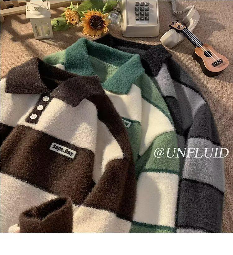 Herren Streifenpullover mit Polokragen – Trendiger Herbst/Winter Japanischer College-Stil, Dicke & Warme Strickjacke