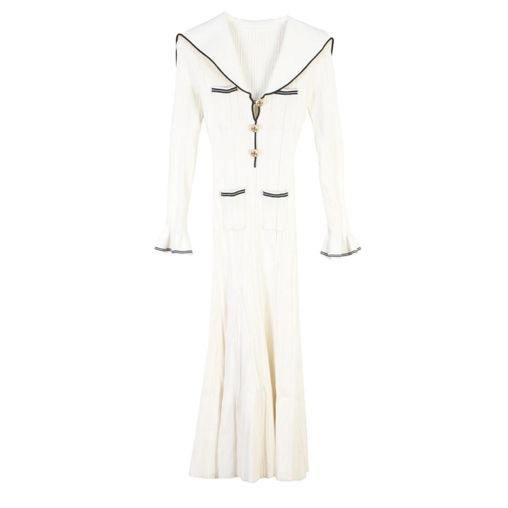 Women's European & American V-Neck Sailor Collar Slimming Fishtail Knitted Dress for Spring & Summer