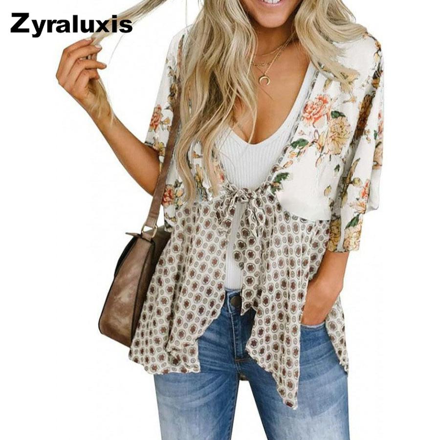 Summer Hot New Casual Printed Tie-Neck V-Neck Shirt S