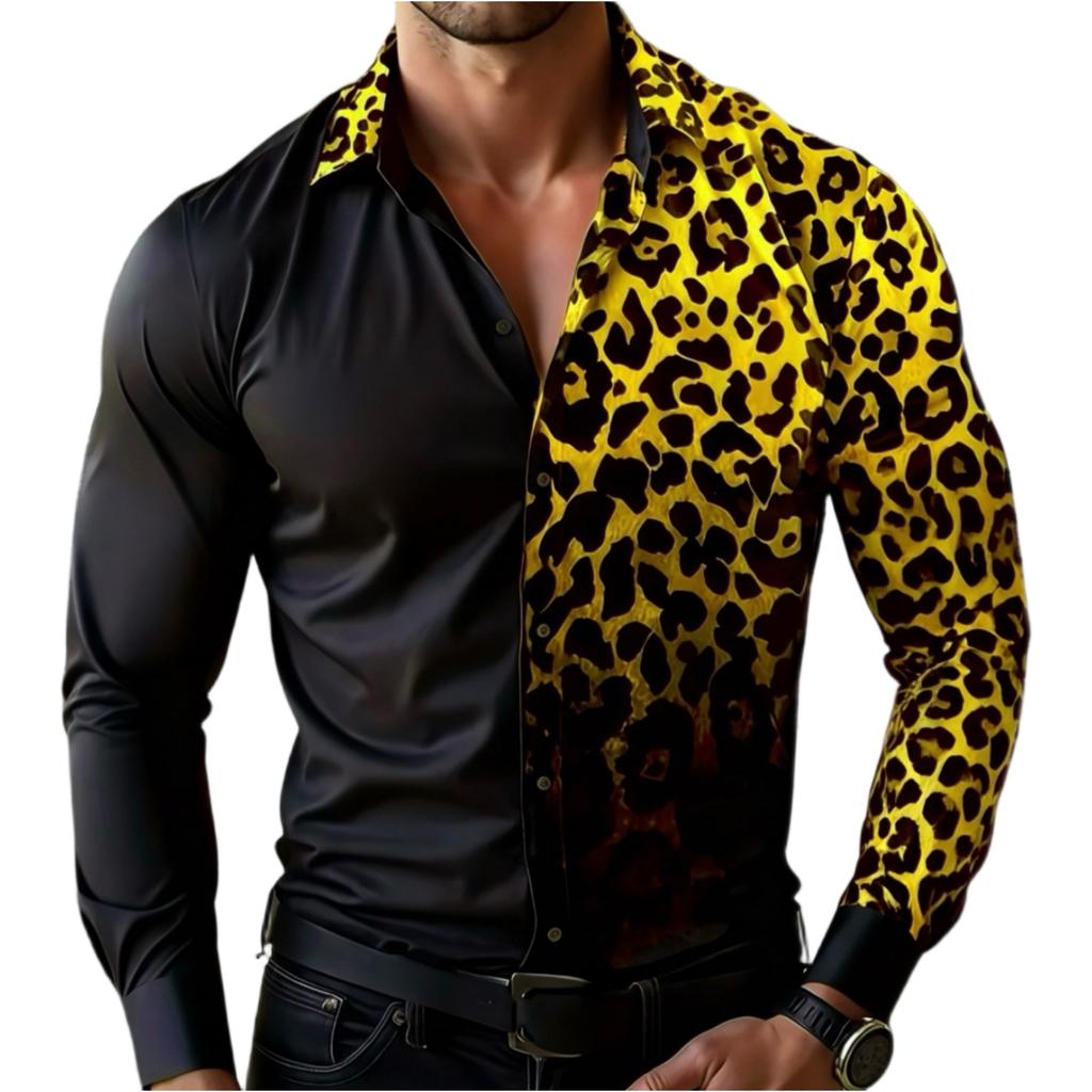 Camicia da uomo casual per le vacanze, con stampa leopardata, manica lunga, colletto a revers, bottoni
