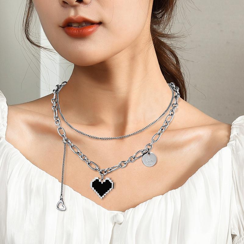 Elegant Titanium Steel Heart Necklace For Women With Double Layer Mosaic Design