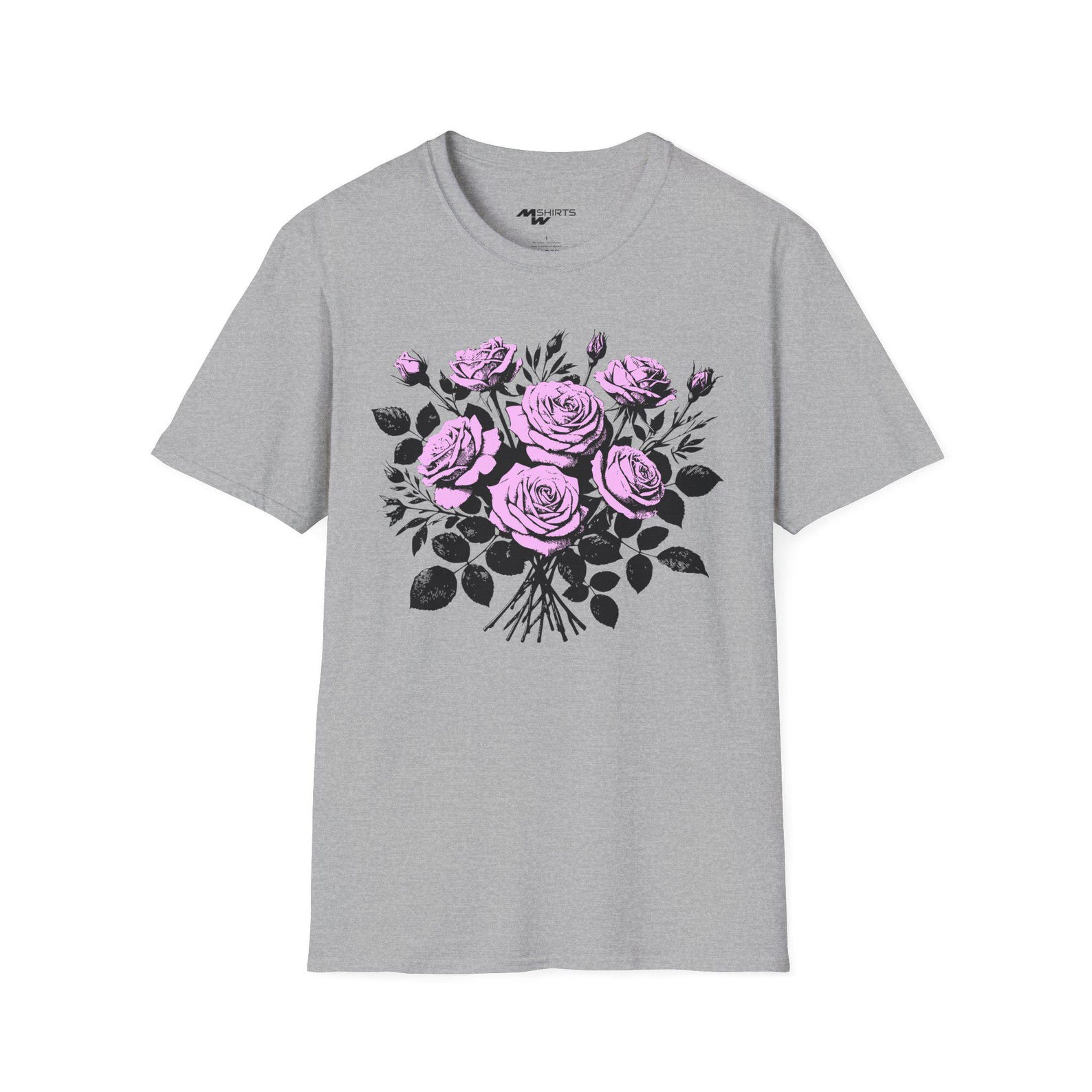 Pink Roses Bouquet Engraving Style T-Shirt/ Unisex Softstyle T-Shirt S