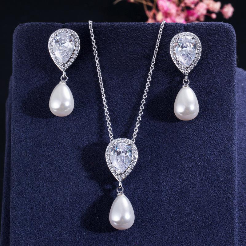 Ki0083 Literary And Artistic Small Fresh Set, Zircon Water Drop Pearl Pendant Earrings Two-Piece Set