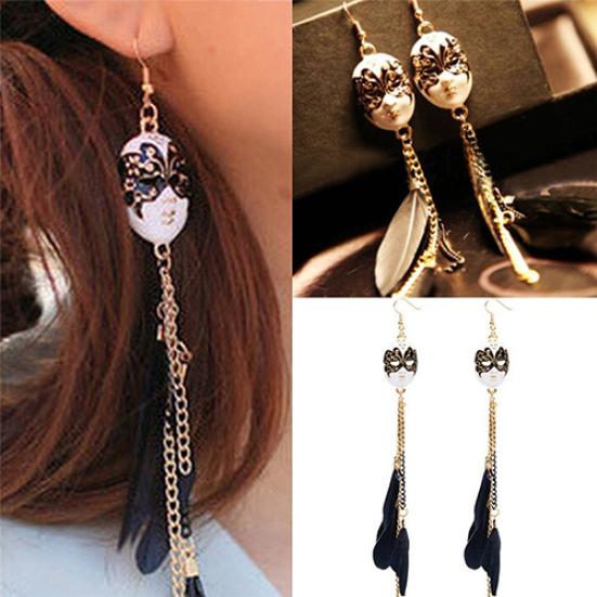 Women's Chain Feather Bohemia Earrings Mask Tassel Chain Long Drop Earring
