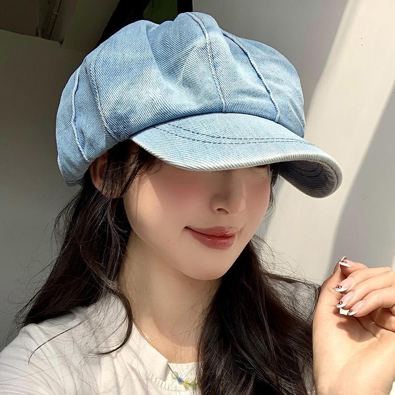 Japanese Simple Washed Denim Beret Women'S Spring Summer Literary And Retro Big Head Sunshade Octagonal Newsboy Cap Gorras