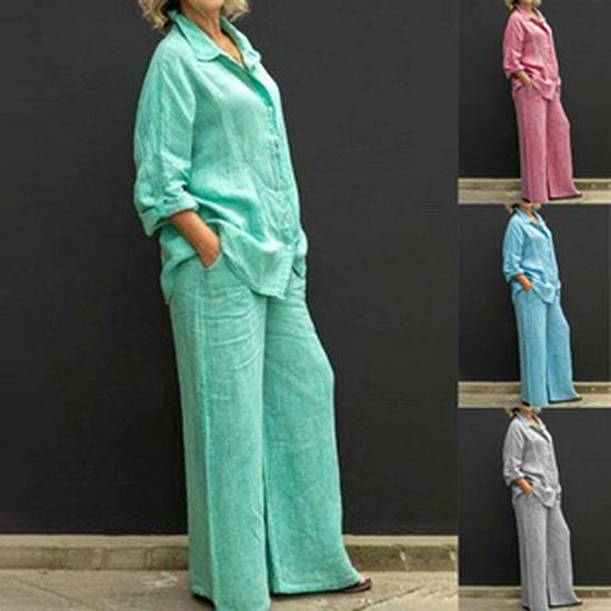 Set Camicia Casual in Cotone e Lino Stile Euro-Americano 2024 e Pantaloni Larghi con Coulisse - Bianco