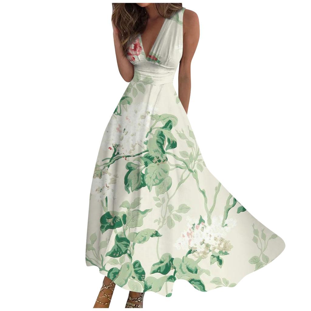 Vestido largo para mujer, vestido maxi, vestido casual de verano, sin mangas, cuello en V, cintura bohemia, vestido estampado