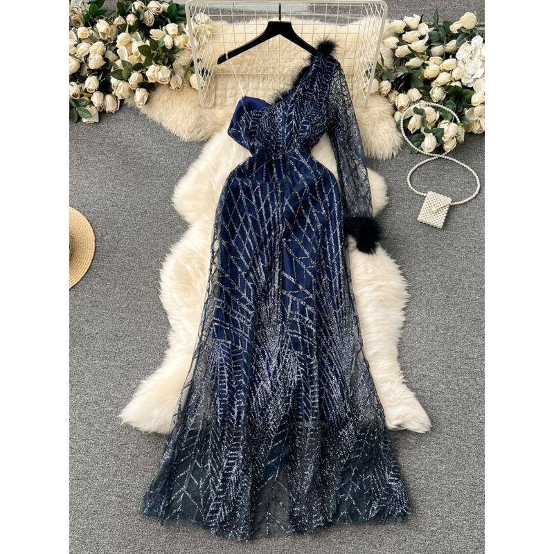 Sloping Shoulder Dress Ins Feather Sequins Long Dress