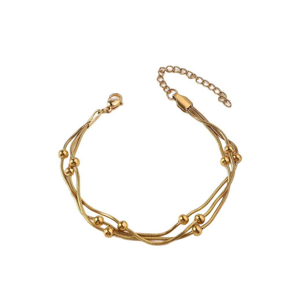 Stainless Steel Triple-Layer Snake Chain Bead Clasp Bracelet - Gold-Plated, Stackable Round Chain
