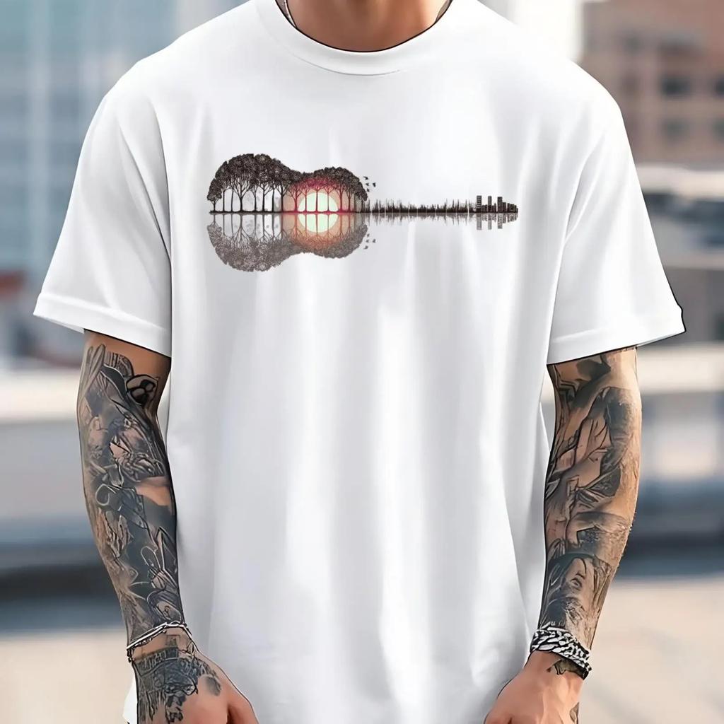 Guitar Landscape T Shirt Music Lover Nature Instruunisext Top Vintage Washed Comfortable Top For Everyday Wear Versatile Stretched