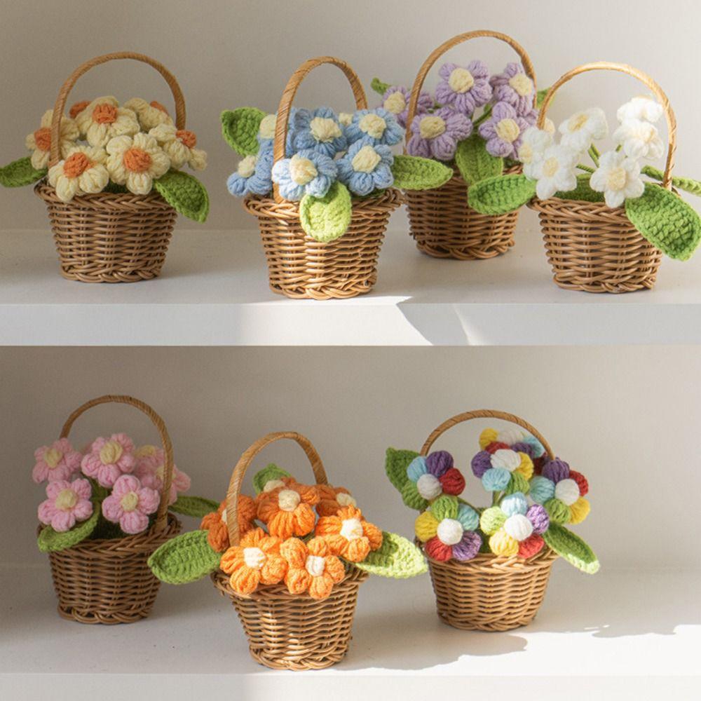 Small Crochet Flower Pot Handmade Puff Flower Potted Ornament  Office Desktop Decoration