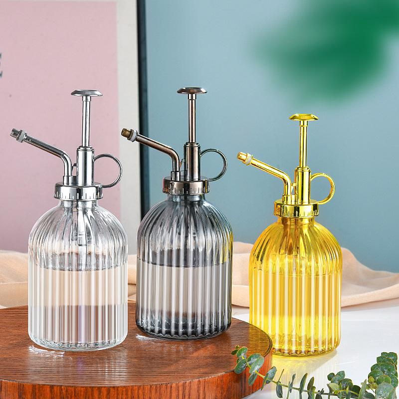 Creative Hand-Press Glass Watering Spray Bottle with Vertical Stripe Design