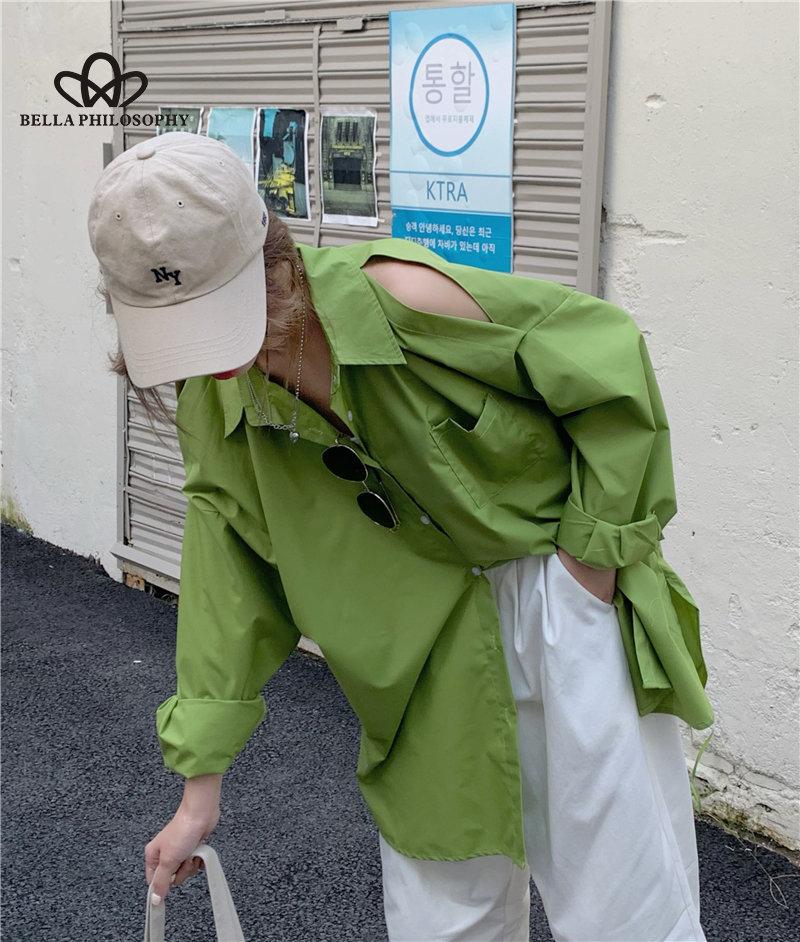 Loose All-Match Long-Sleeved Shoulder Shirt Woman Casual Elegant Fashion Green Loose Long Shirt
