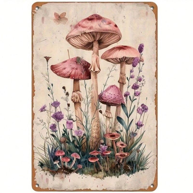 Vintage Mushroom Pink Purple Print Metal Poster Wall Art Kitchen Decor