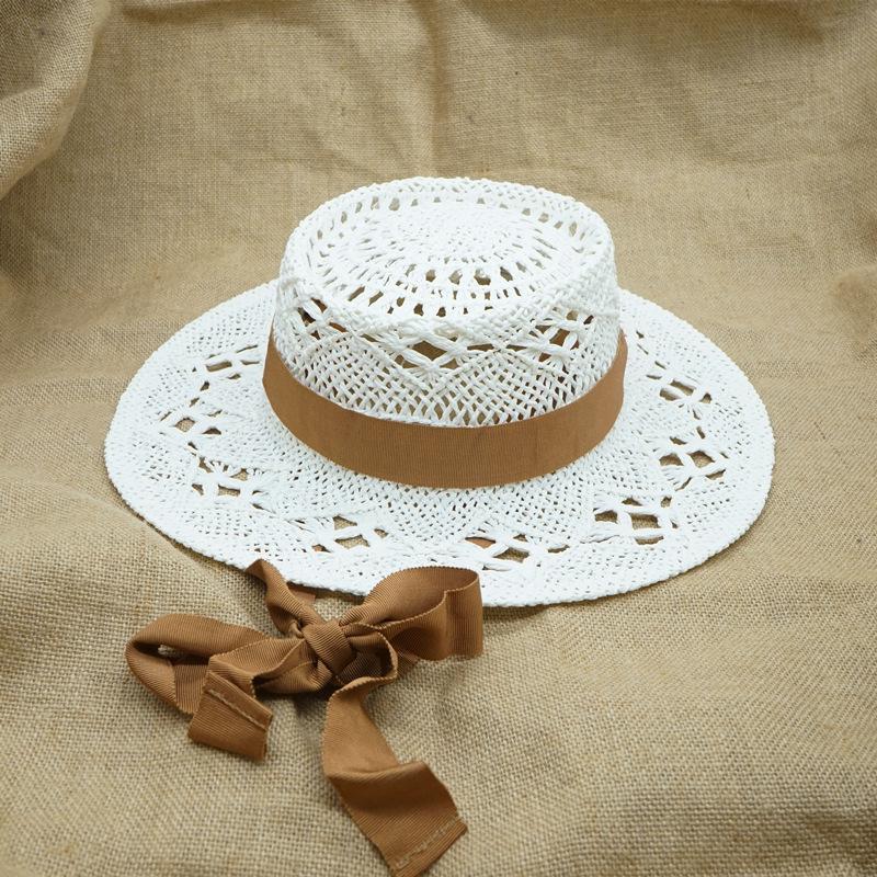 Japan Japanese French Retro Hollow Flower White Flat Top Top Hat Women'S Summer Sunshade Vacation Beach Straw Hat Outing