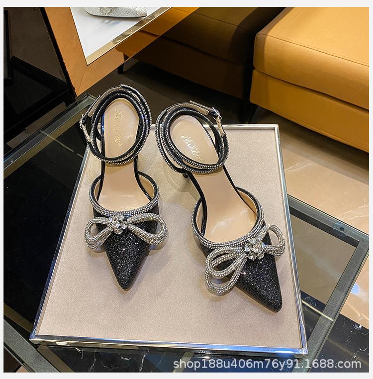 [Spot] High-heeled Women's 2025 New Pointed Rhinestone Bow Design Sense Niche Thin-heeled Sandals Women