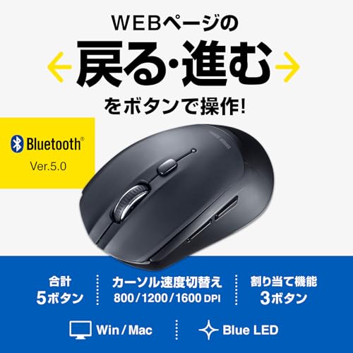 SANWA SUPPLY Mouse Bluetooth cu LED Albastru (5 Nasturi/Negru) MA-BB509BK