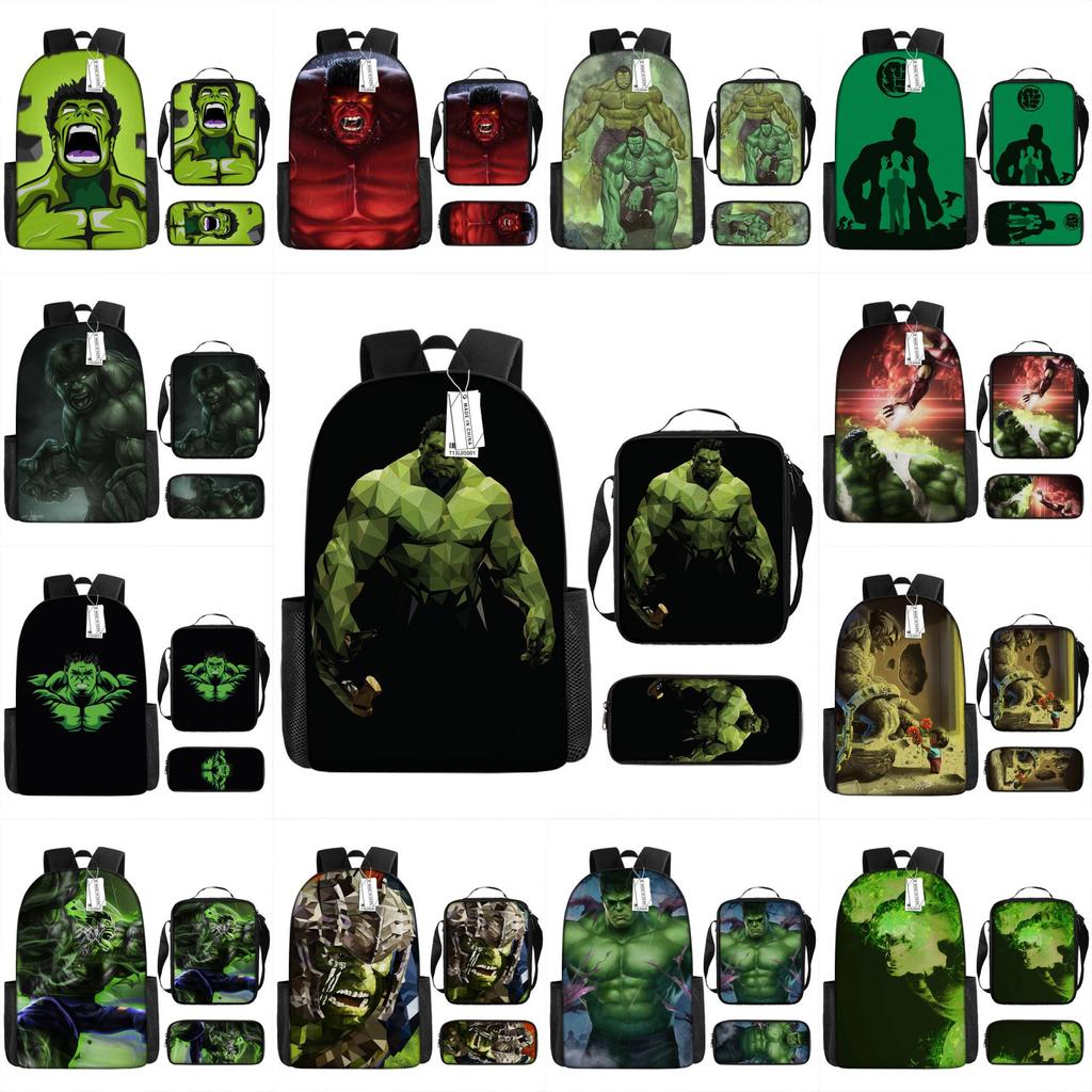 Children Backpack Three Piece Set With The Avengers Hulk Print Design For School Use