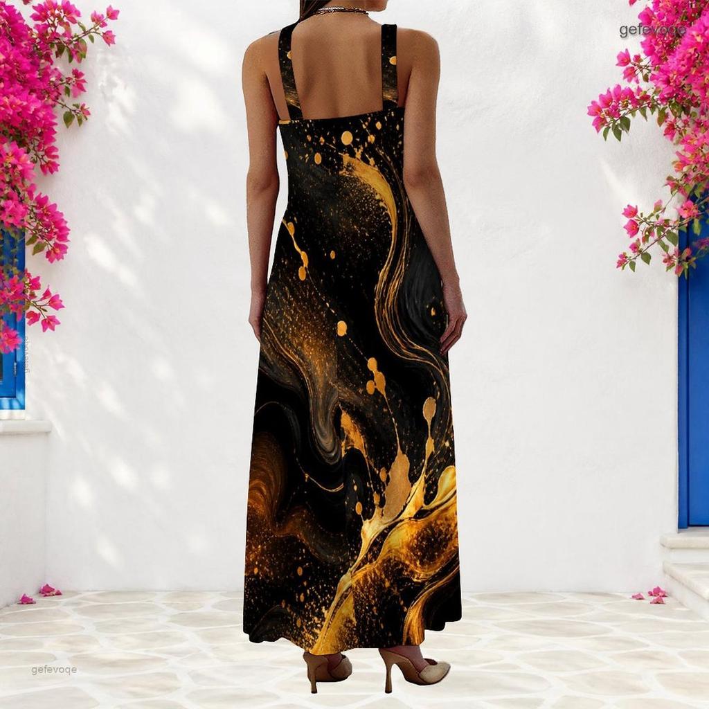 Women Plus Size Scoop Neck Strappy Sleeveless Colorful Printed A Line Maxi Dress