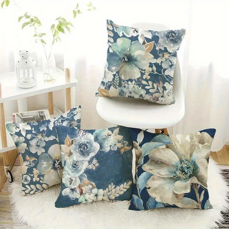 Navy Blue Watercolor Floral Pillowcase: Elegant Botanical-Themed Cushion Cover For Home Sofa Decor
