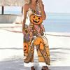 Women Spaghetti Strap Jumpsuit Camping Car Campfire Pumpkin Bat Halloween Print Wide Leg Pants With Pockets