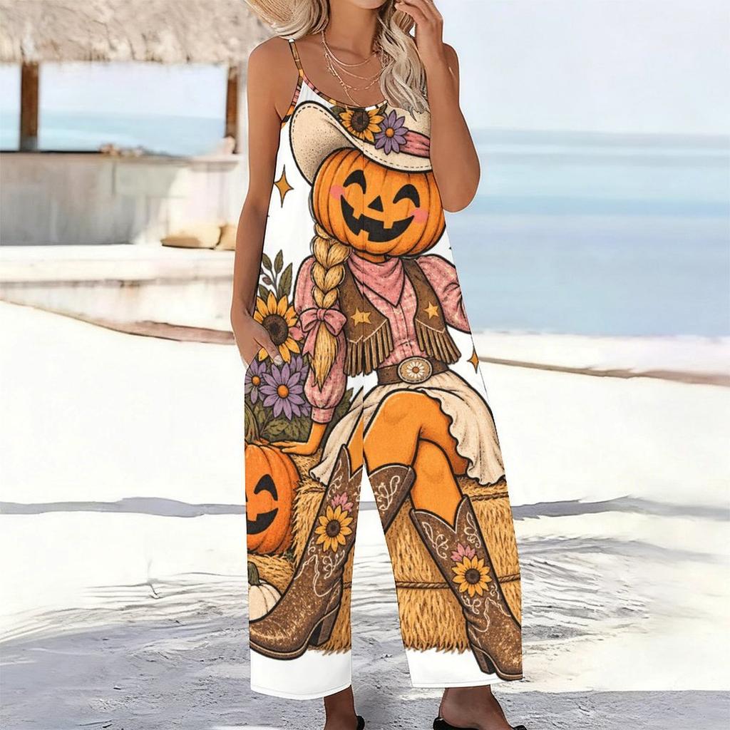 Women Spaghetti Strap Jumpsuit Camping Car Campfire Pumpkin Bat Halloween Print Wide Leg Pants With Pockets