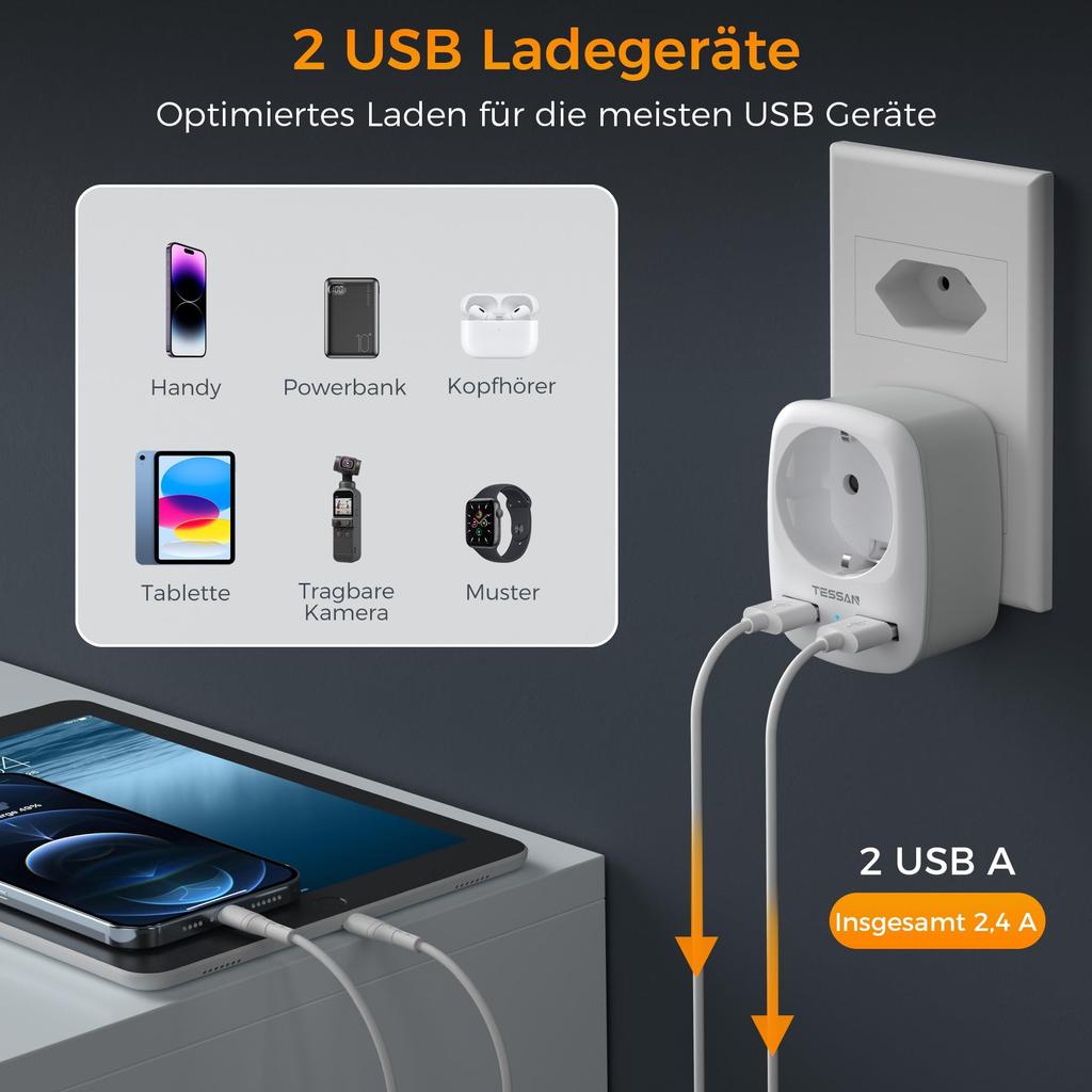Tessan 3 In 1 Brazil Plug Adapter, 1 Compartment Adapter Brazil Socket, Type N Travel Adapter for South Africa, Grey