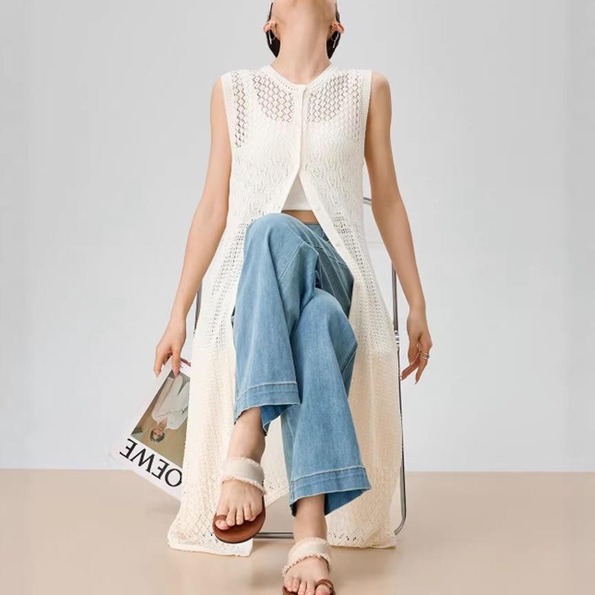 French White Sleeveless Summer Knit Cardigan & Sunscreen Cover-Up Dress