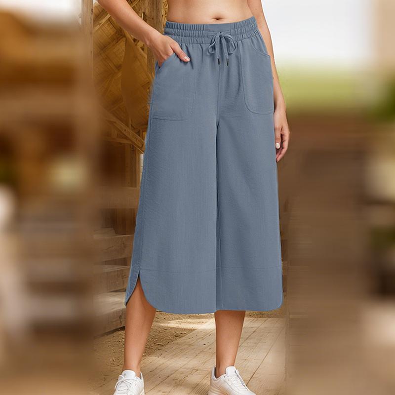 Women Spring Fall Fashion Wardrobe Staple Solid Color High-Waisted Wide Leg Capri Pants Trousers with Pocket