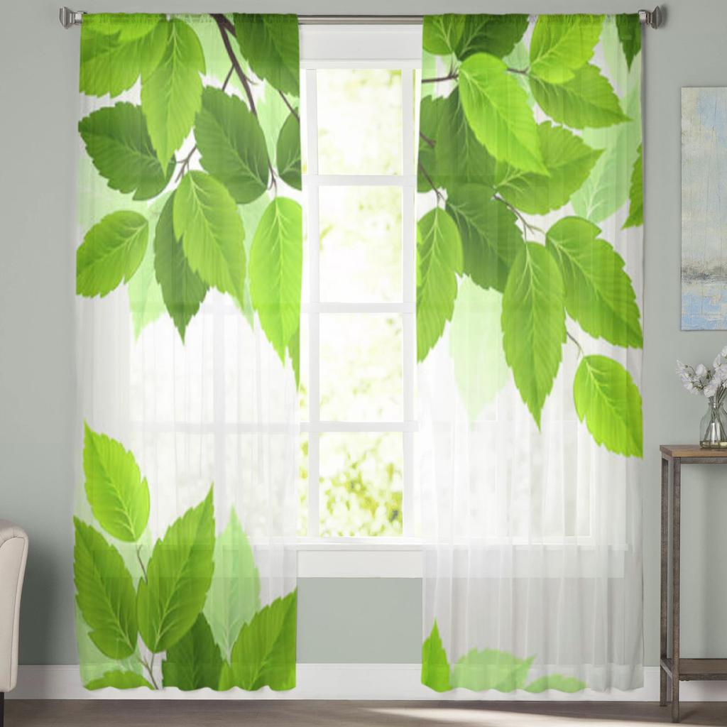 Zweig Frische Grüne Blätter Gardinen für Wohnzimmer Transparent Tüll Fenster Vorhang Schlafzimmer Küche Wohnkultur Schleier Vorhänge