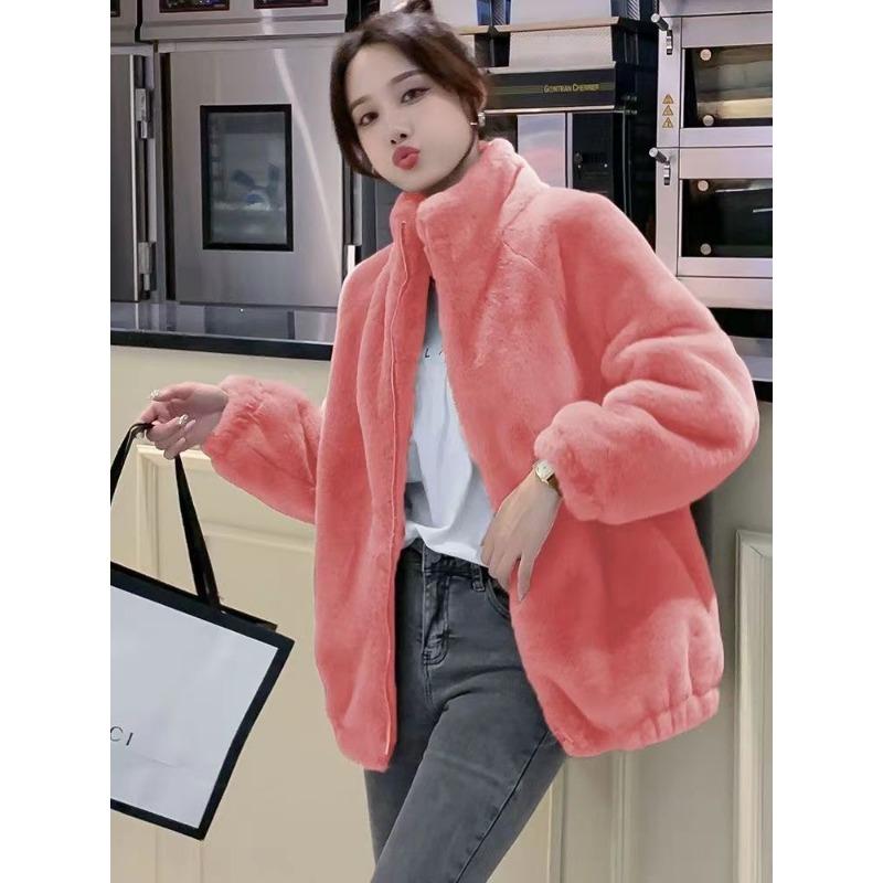 Women Plus Size Fleece Lined Zip Up Stand Collar Loose Winter Coat